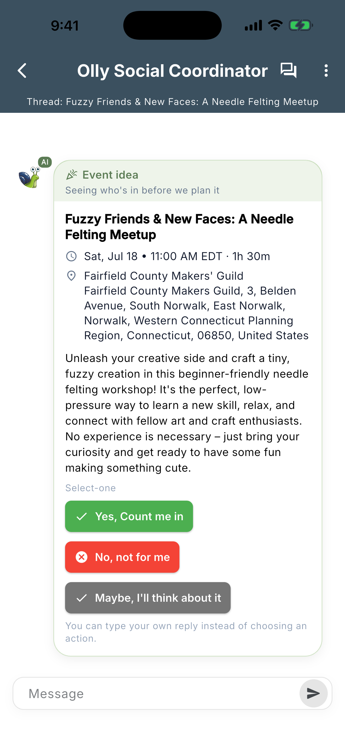 A needle-felting workshop proposal with a time, venue, and yes, no, or maybe responses.
