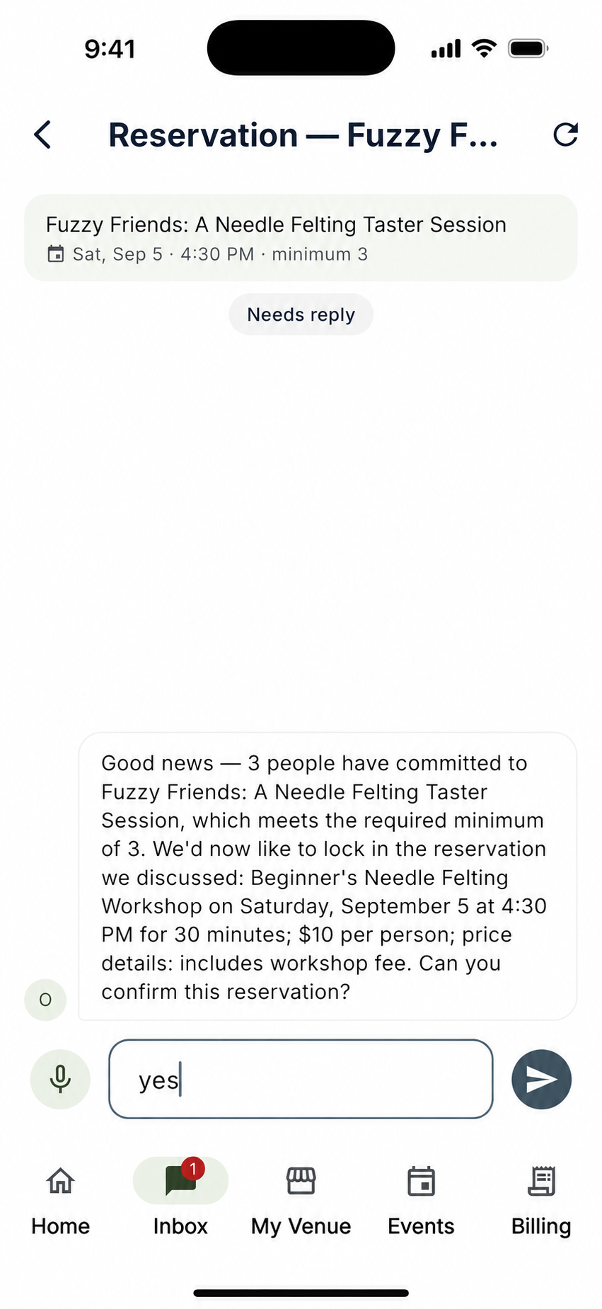 Olly asks the venue to confirm a workshop reservation after three people express interest.