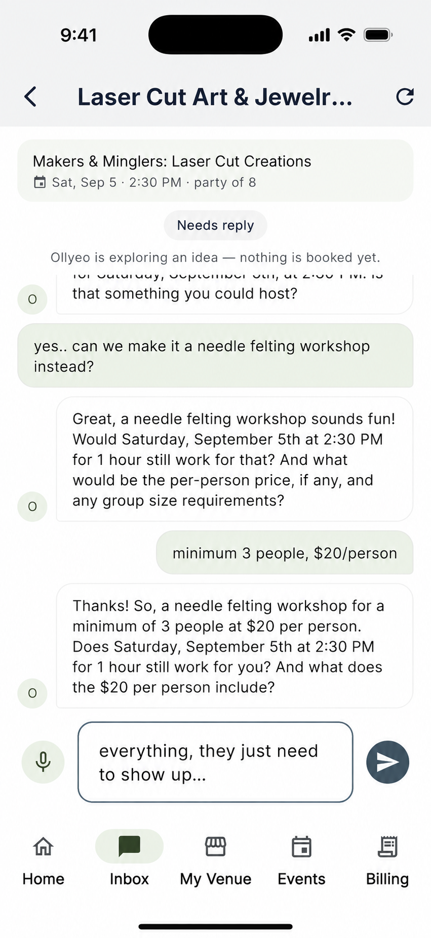 Partner app conversation: the venue suggests a needle-felting workshop, and Olly asks about timing, price, and group requirements.