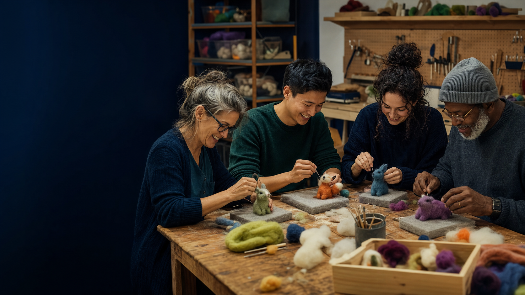 Illustration of four people enjoying a needle-felting workshop together.