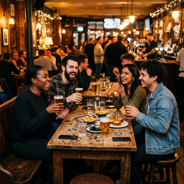Four people enjoying a conversation around a table.